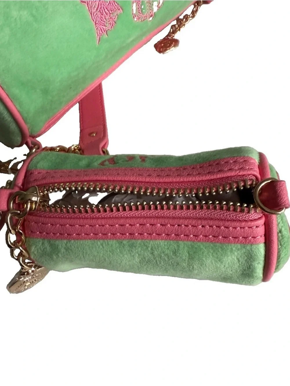 Juicy Couture Retro Green Pink Scottie Dog Barrel Crossbody Bag Charm Set 2pc